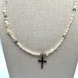 Vintage Sterling Silver Cross Necklace With Rice Pearls.  A13